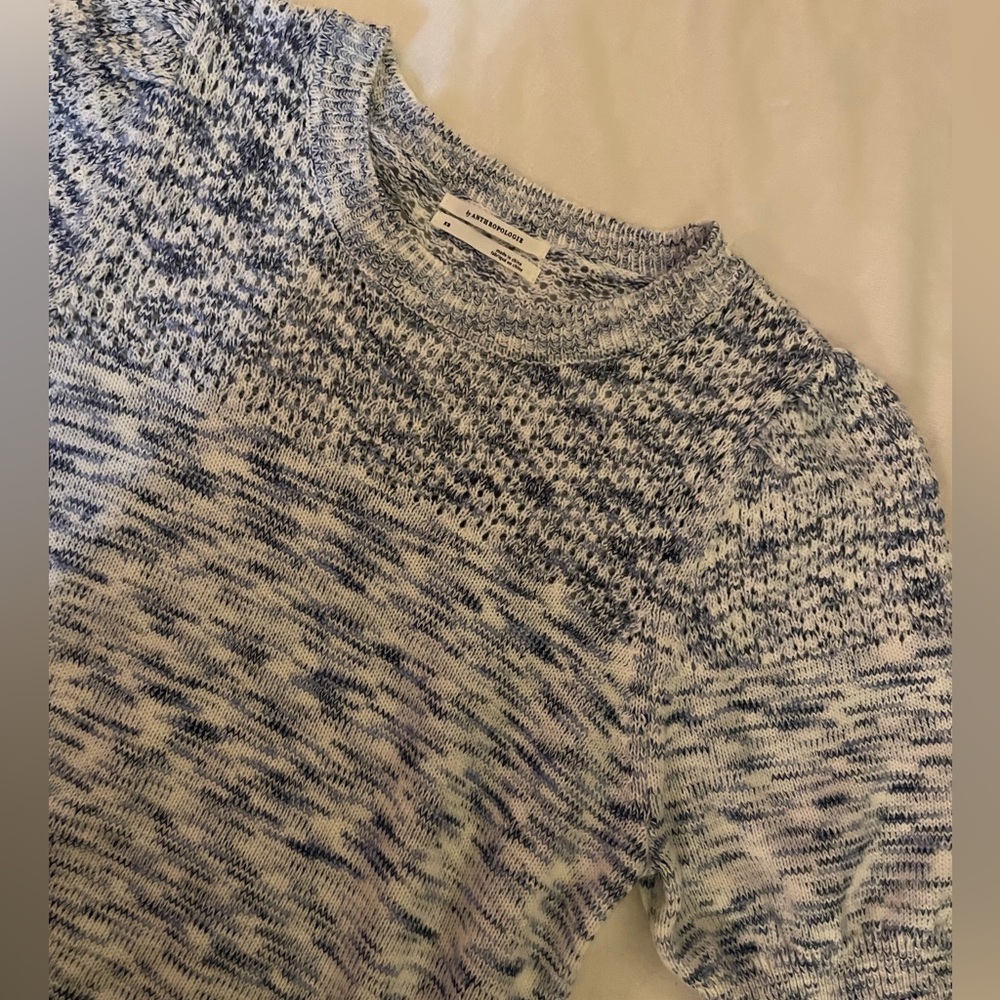 Anthropologie Blue and White‎ Puff Sleeve Crewneck Knit Sweater